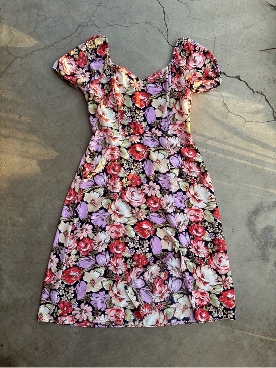 Lily Rose Dresses & Skirts - Lily Rose Floral Puff Sleeve Smocked A-Line Dress XL Black Purple Red Cream Tie